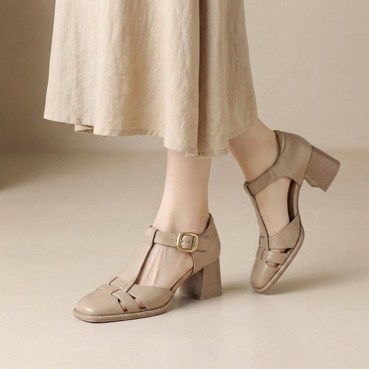 Orthopedic T-Strap Heeled Sandals Square Toe Chunky Heel - Apricot