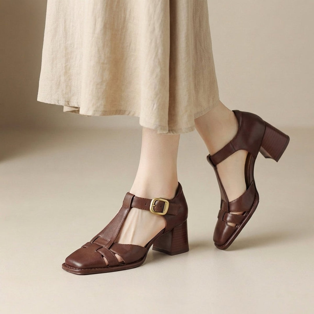 Orthopedic T-Strap Heeled Sandals Square Toe Chunky Heel - Brown