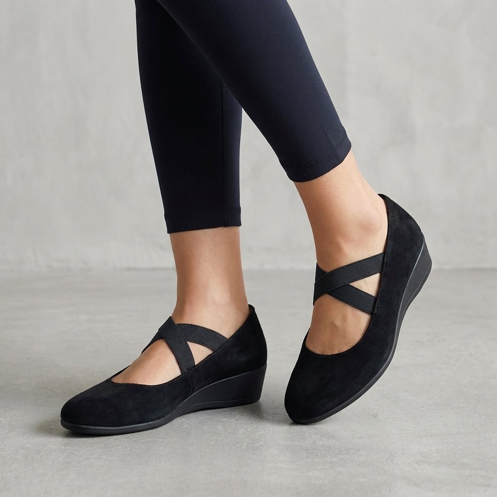 Orthopedic Wedge Flats Criss-Cross Straps Slip-On Comfort - Black