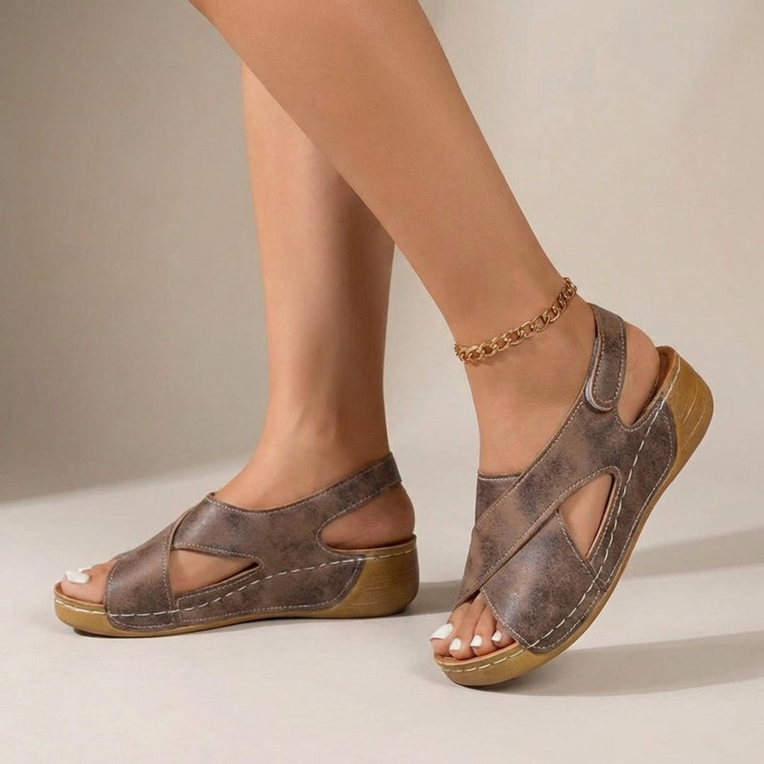 Orthopedic Wedge Sandals Criss-Cross Slingback Support - Brown