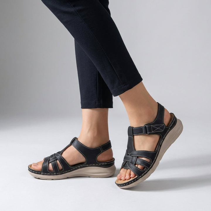 Orthopedic Wedge Sandals Cross-Strap Open Toe Comfort - Black