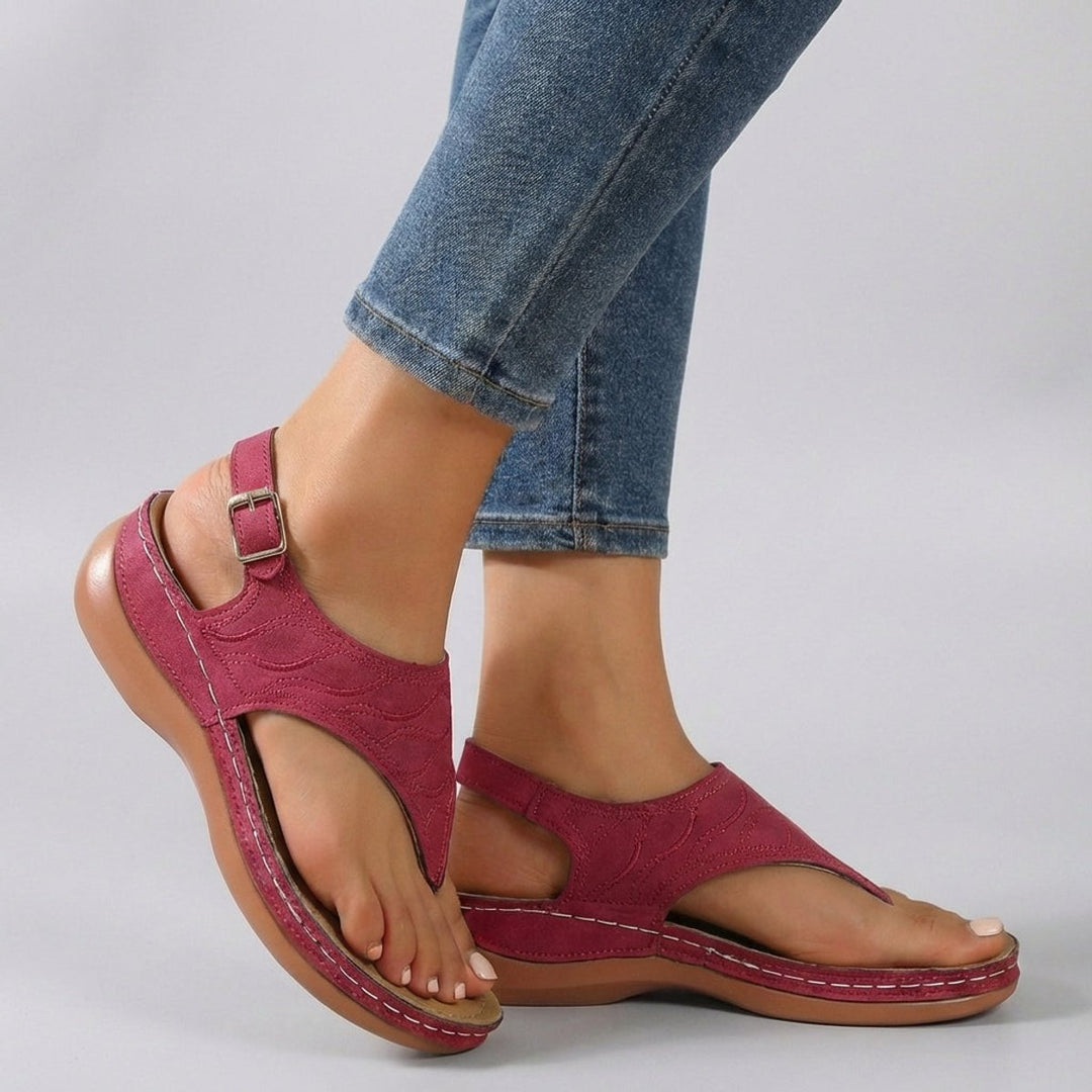 Orthopedic Wedge Sandals Embroidered Ankle Strap Open Toe - Red