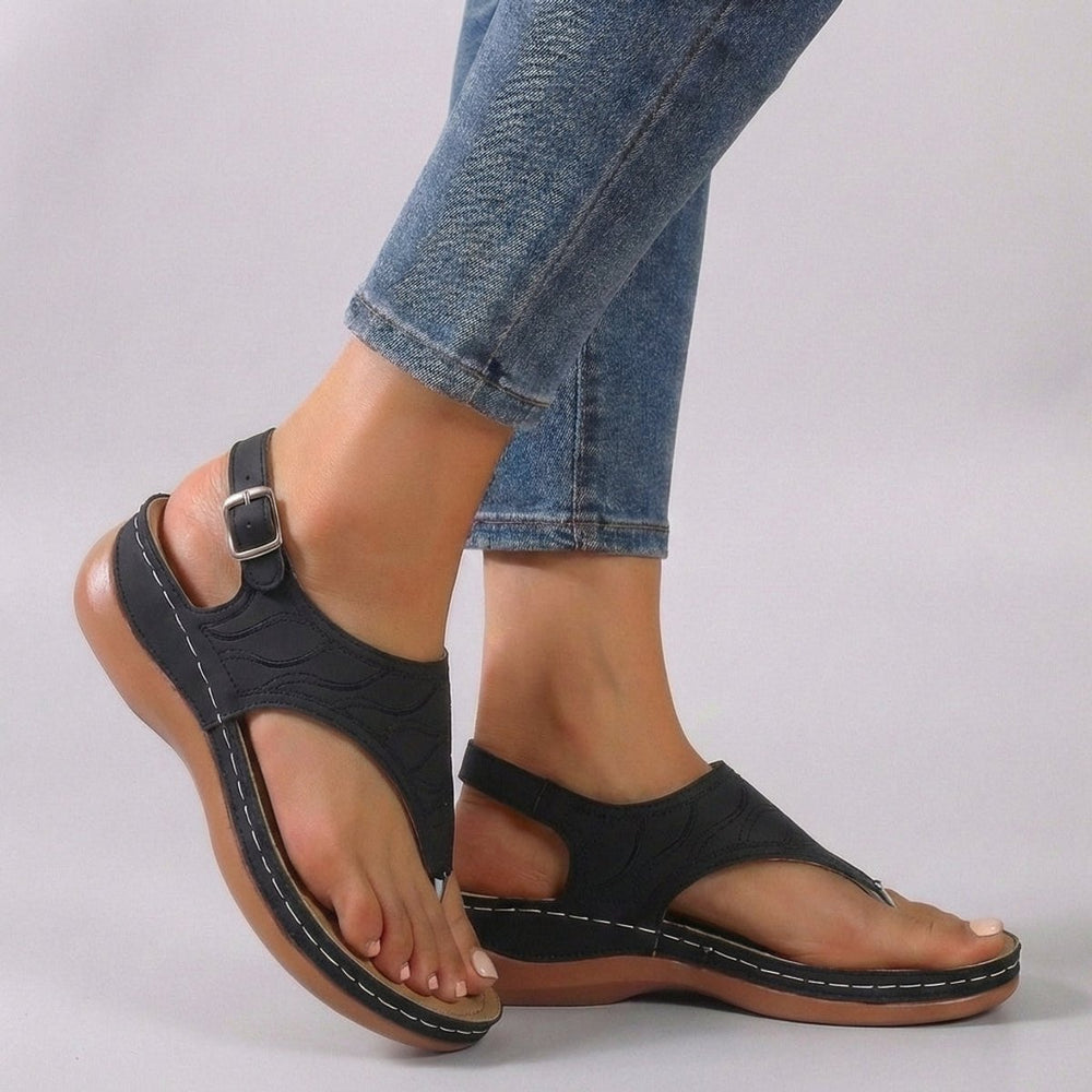 Orthopedic Wedge Sandals Embroidered Ankle Strap Open Toe - Black