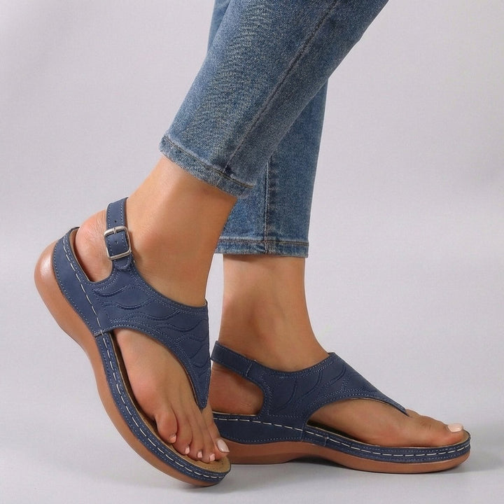 Orthopedic Wedge Sandals Embroidered Ankle Strap Open Toe - Blue