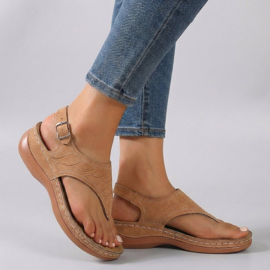 Orthopedic Wedge Sandals Embroidered Ankle Strap Open Toe - Brown
