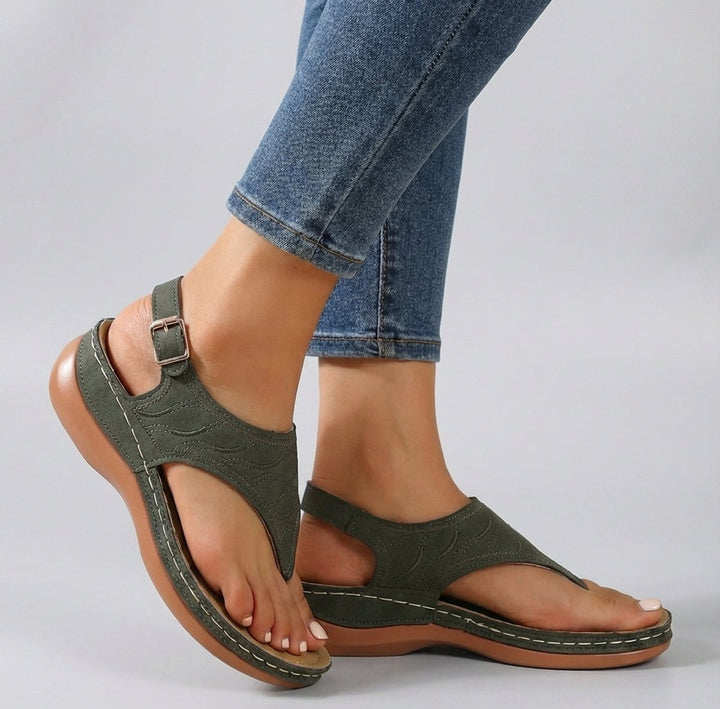 Orthopedic Wedge Sandals Embroidered Ankle Strap Open Toe - Green