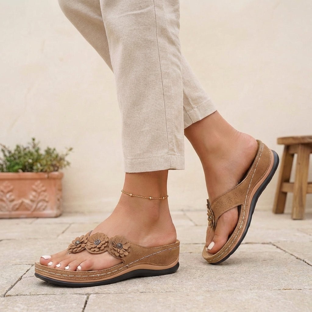 Orthopedic Wedge Sandals Flip-Flops Floral Open Toe - Brown