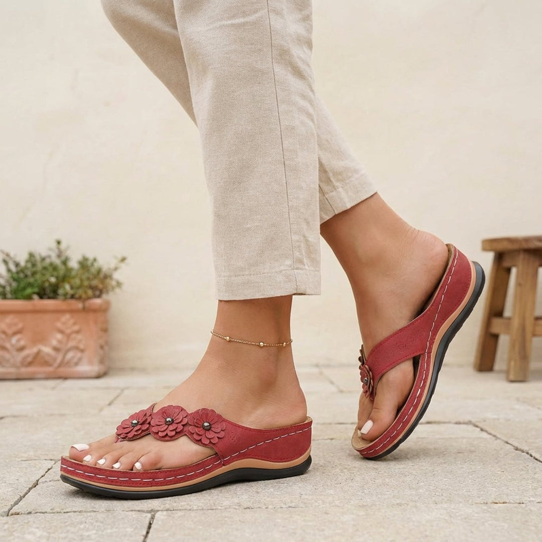 Orthopedic Wedge Sandals Floral Embellished Flip-Flops - Red