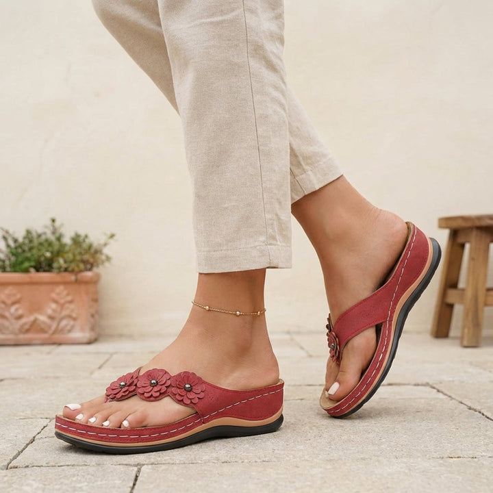 Orthopedic Wedge Sandals Floral Embellished Flip-Flops - Red