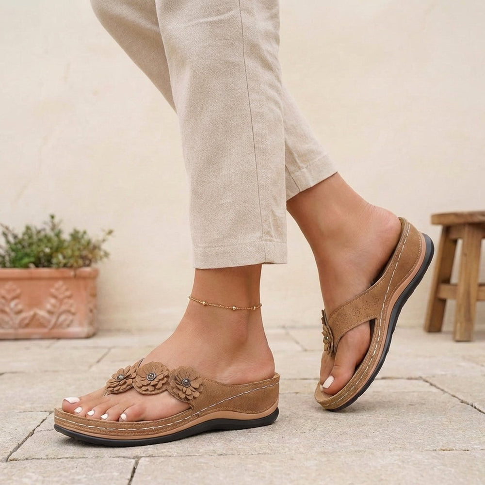 Orthopedic Wedge Sandals Floral Embellished Flip-Flops - Brown