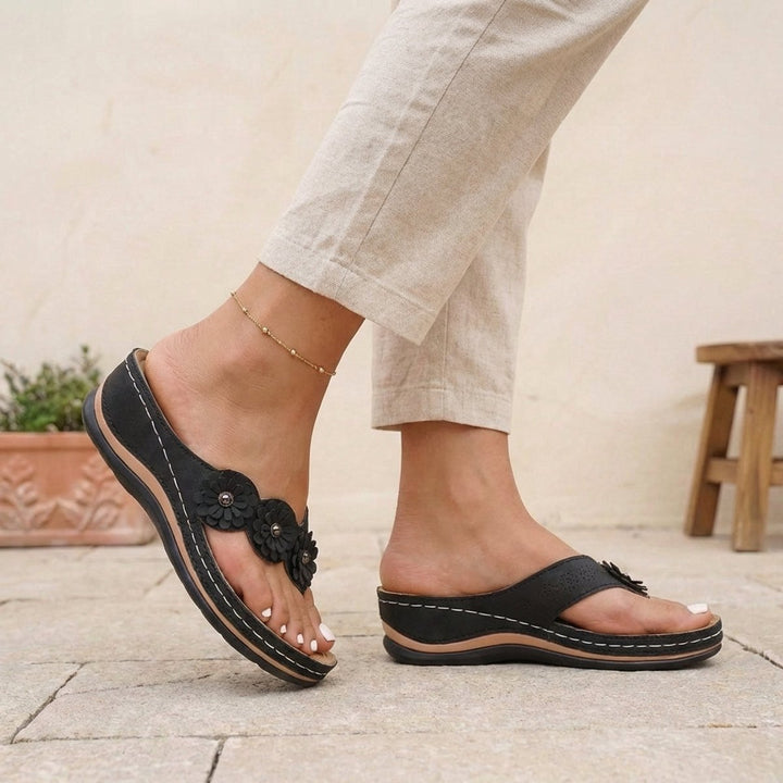Orthopedic Wedge Sandals Floral Embellished Flip-Flops - Black