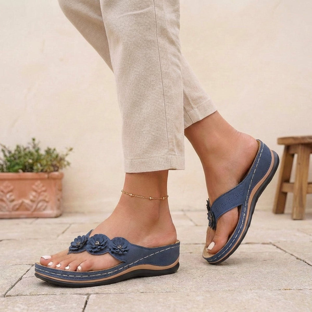 Orthopedic Wedge Sandals Floral Embellished Flip-Flops - Blue
