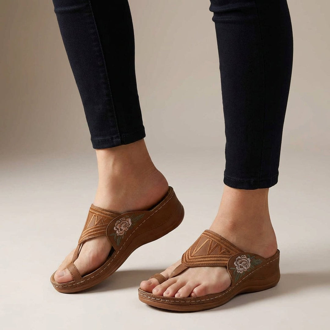 Orthopedic Wedge Sandals Floral Embroidered Comfort - Auburn