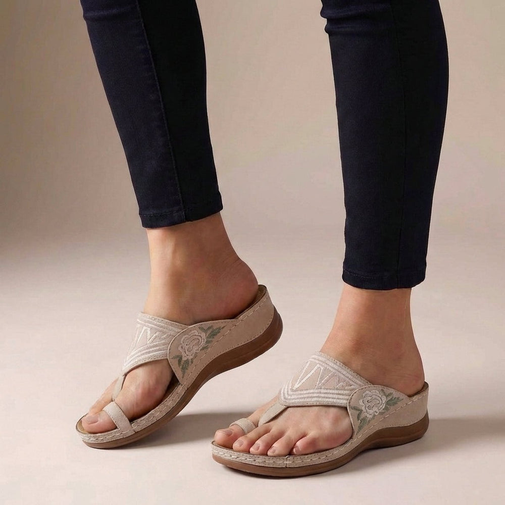 Orthopedic Wedge Sandals Floral Embroidered Comfort Thong - Pink