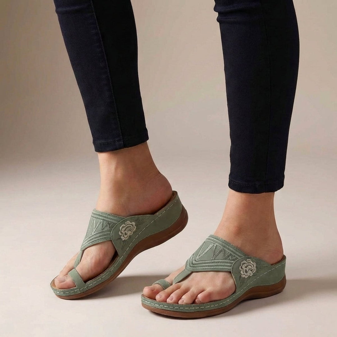 Orthopedic Wedge Sandals Floral Embroidered Comfort Thong - Green