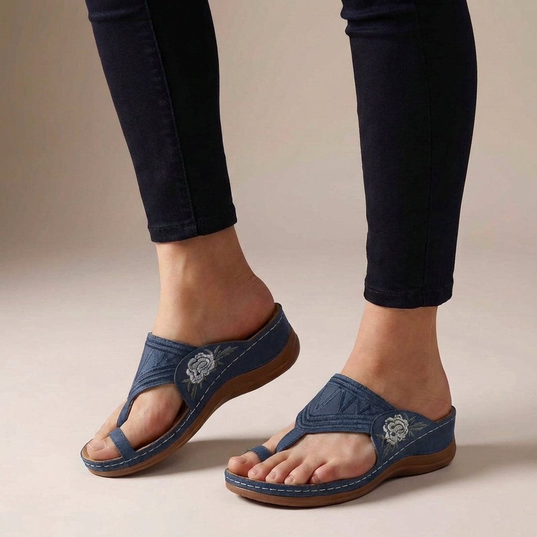 Orthopedic Wedge Sandals Floral Embroidered Comfort Thong - Blue