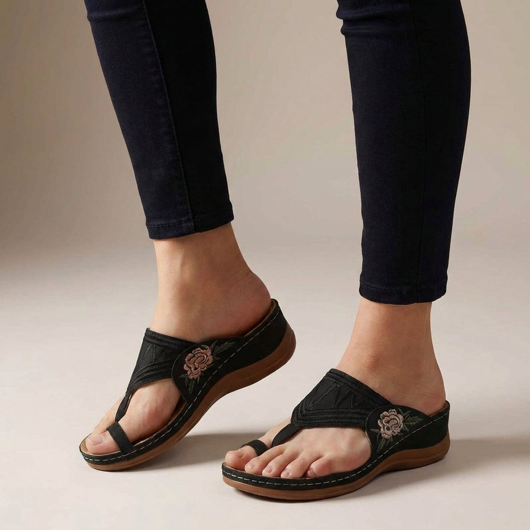 Orthopedic Wedge Sandals Floral Embroidered Comfort Thong - Black