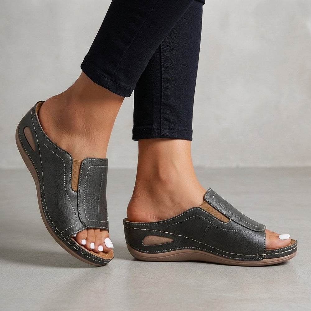 Orthopedic Wedge Sandals Slip-On Open Toe Comfort Support - Charcoal