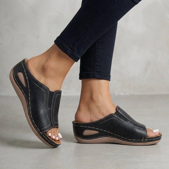 Orthopedic Wedge Sandals Slip-On Open-Toe Comfort Support - Black