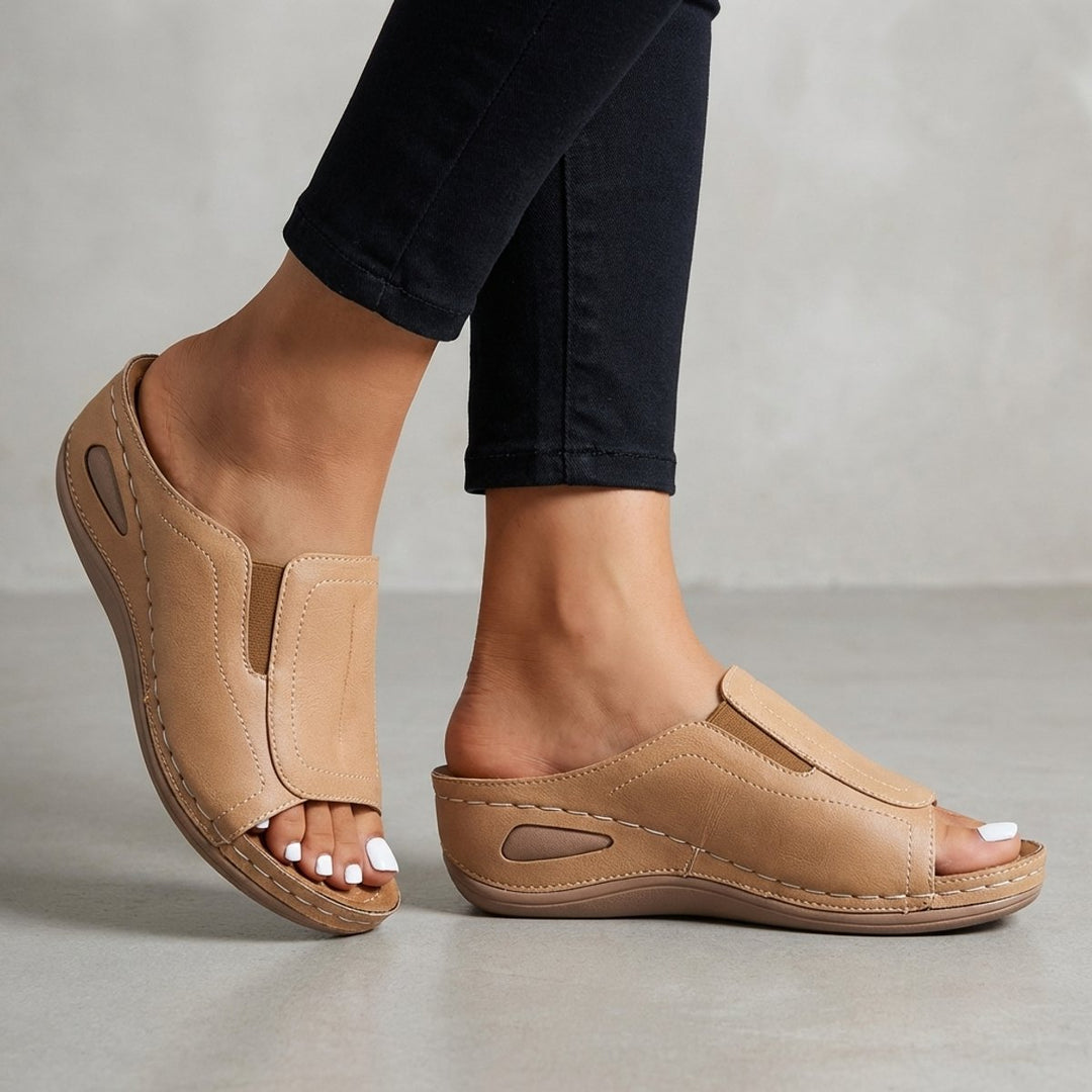 Orthopedic Wedge Sandals Slip-On Open Toe Comfort Support - Beige