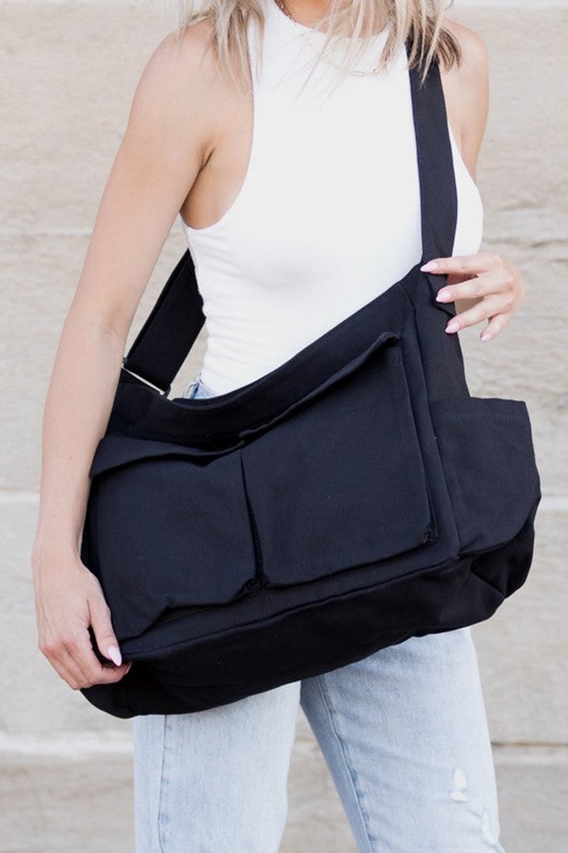 Oversized Black Canvas Tote Bag Crossbody Messenger - Black