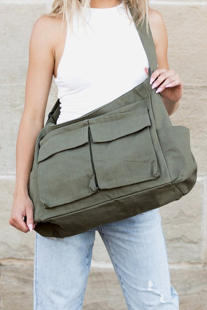 Oversized Black Canvas Tote Bag Crossbody Messenger - Olive