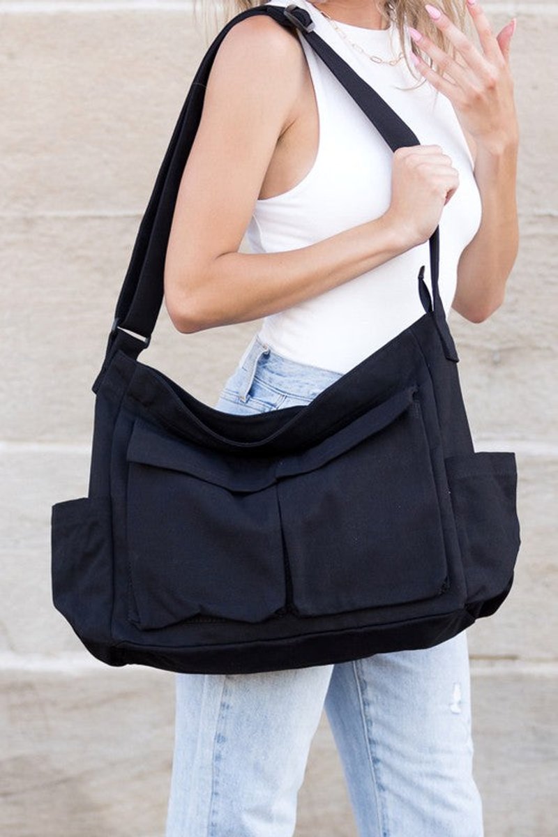 Oversized Black Canvas Tote Bag Crossbody Messenger