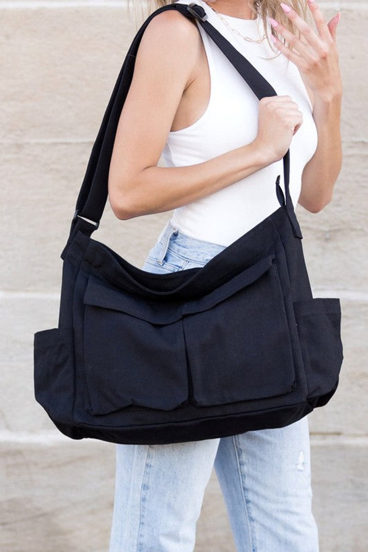 Oversized Black Canvas Tote Bag Crossbody Messenger