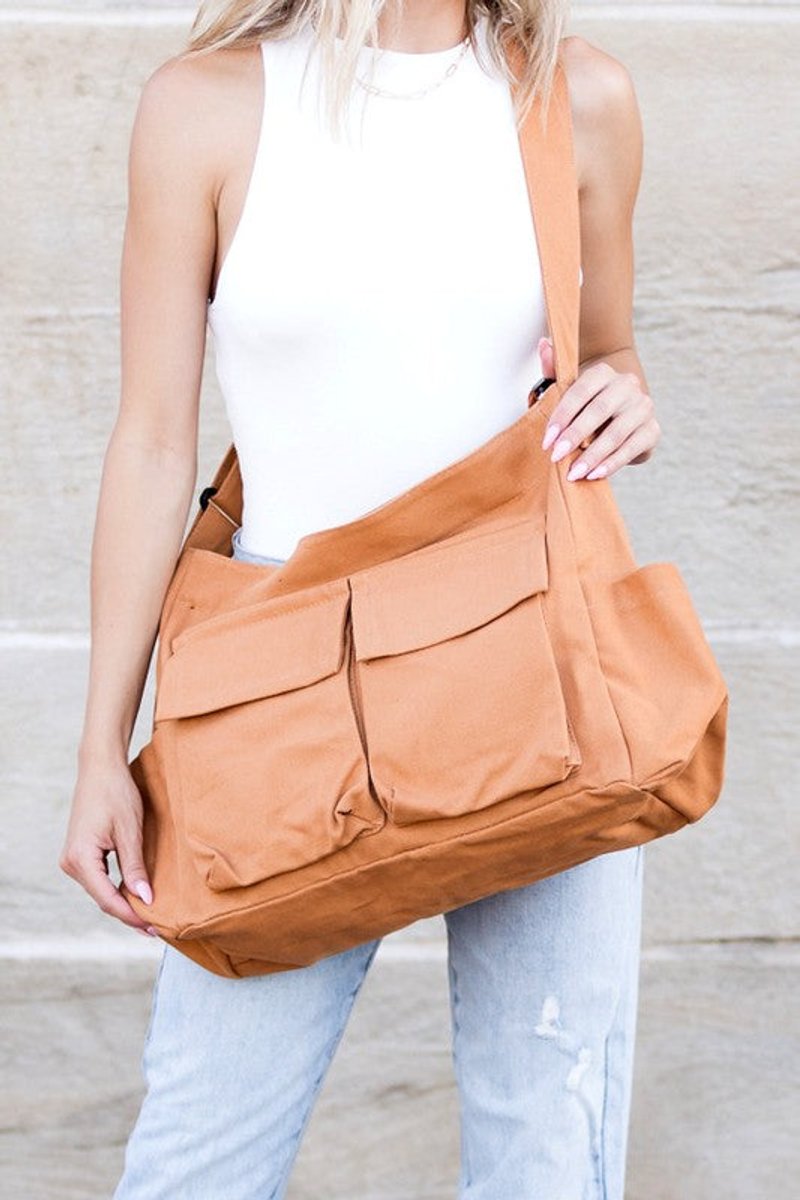 Oversized Black Canvas Tote Bag Crossbody Messenger - Camel