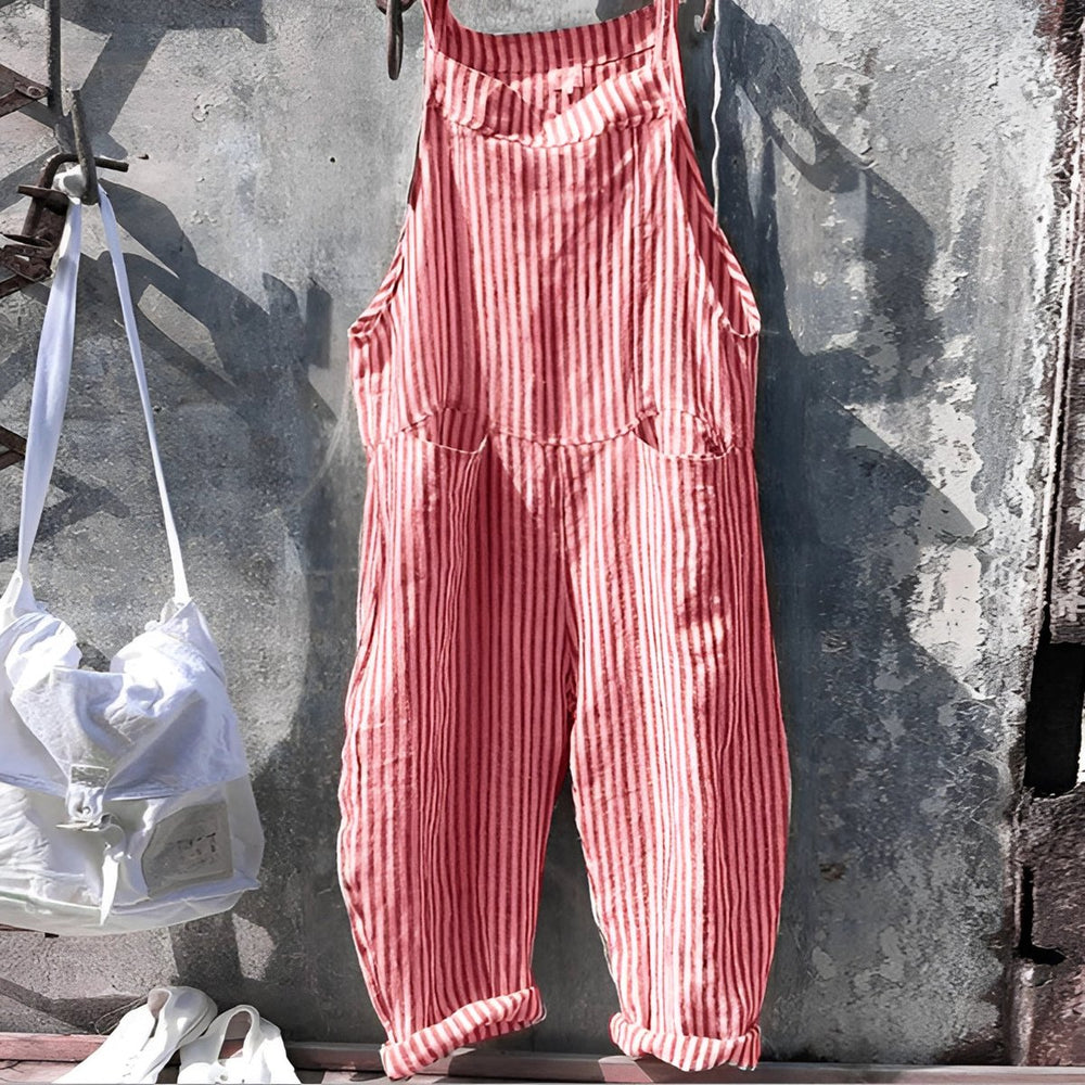 Unisex Vintage Striped Loose-Fit Bib Overall - Red
