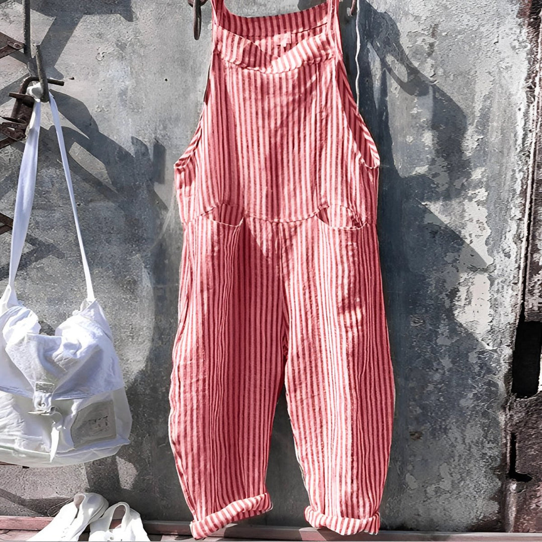 Unisex Vintage Striped Loose-Fit Bib Overall - Red