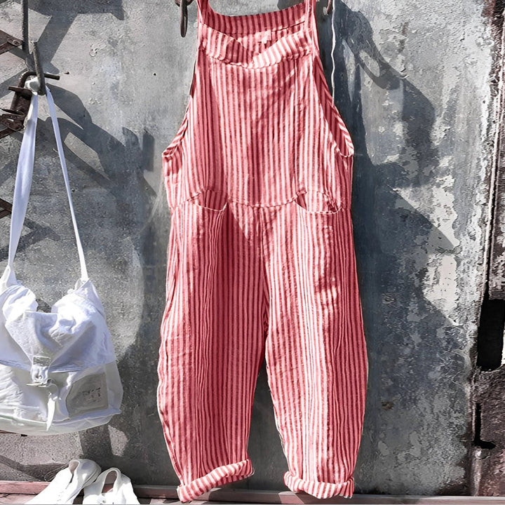 Unisex Vintage Striped Loose-Fit Bib Overall - Red