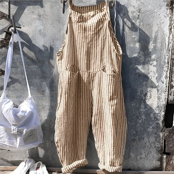 Unisex Vintage Striped Loose-Fit Bib Overall - Light Brown