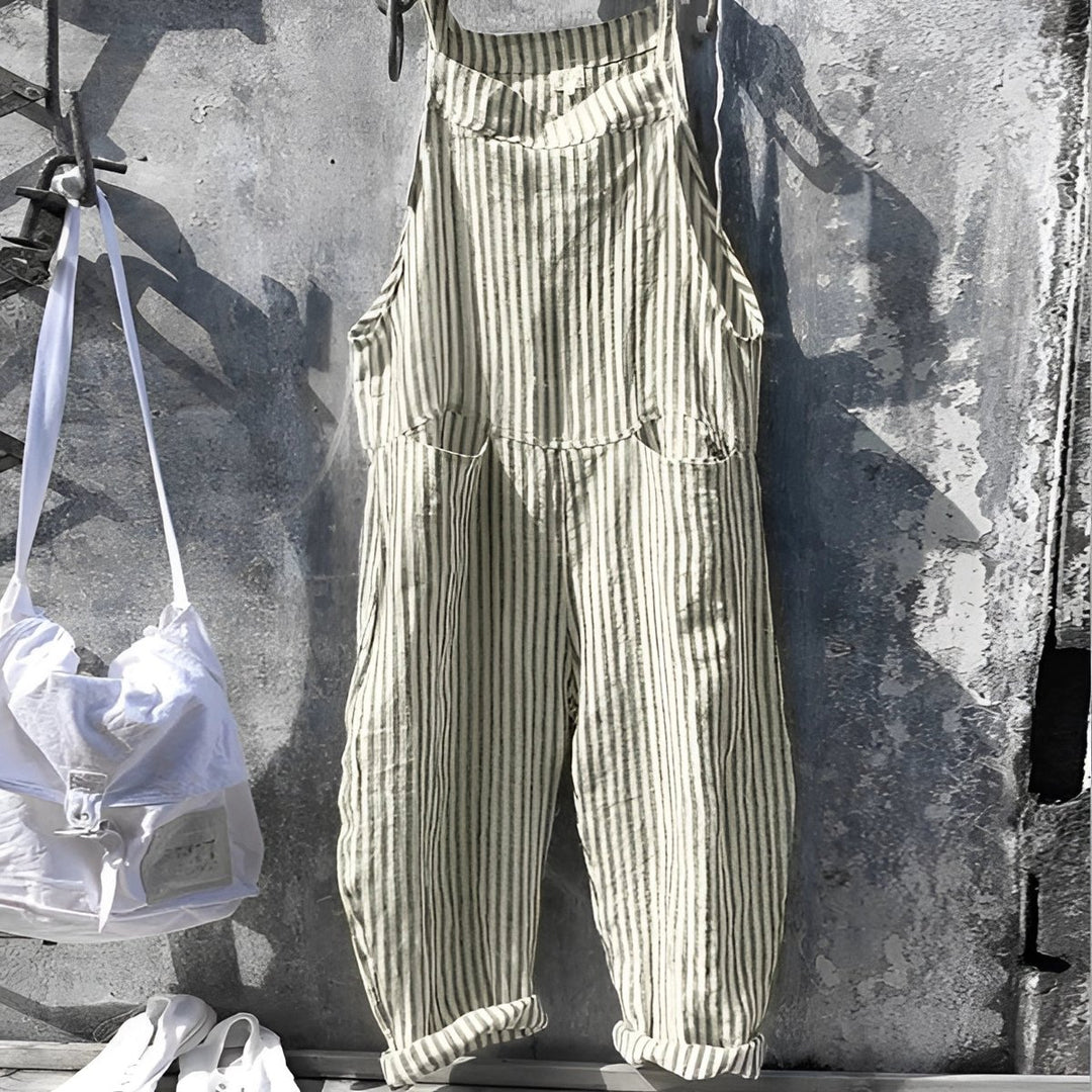 Unisex Vintage Striped Loose-Fit Bib Overall - Green