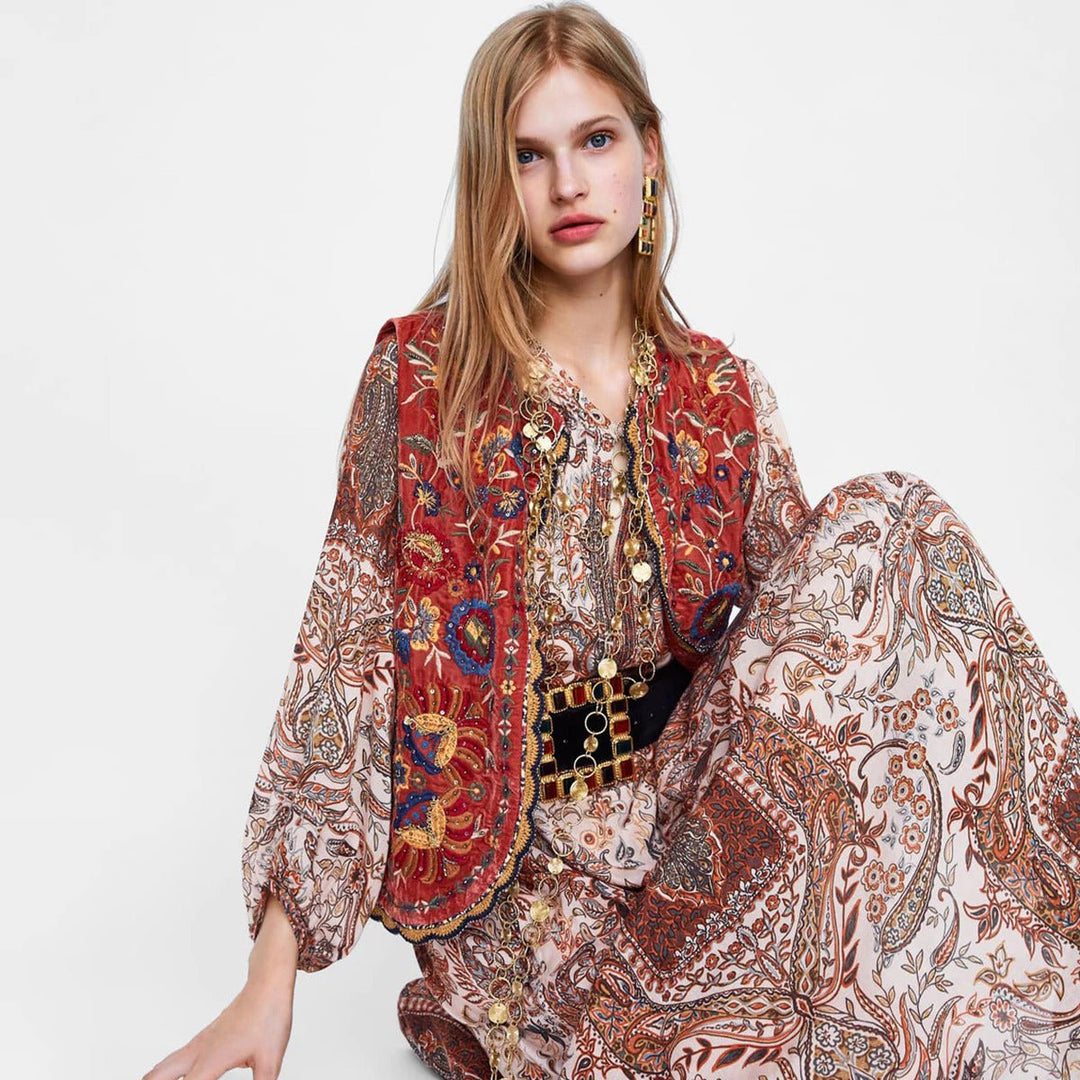 Velvet Embroidered Boho Waistcoat Sequin Vintage Vest - Red