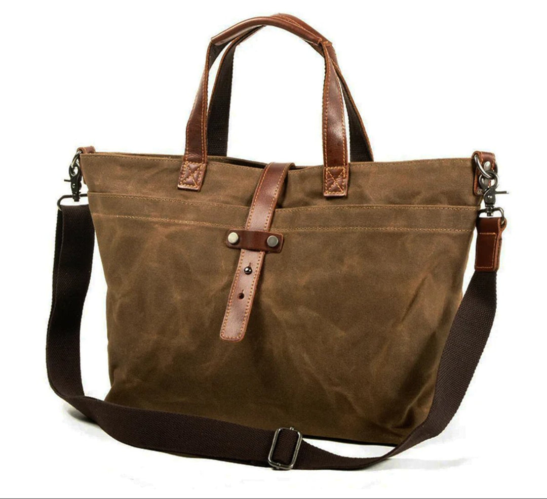 Waxed Canvas Crossbody Tote Bag Leather Trim Shoulder Strap - Tobacco Leaf