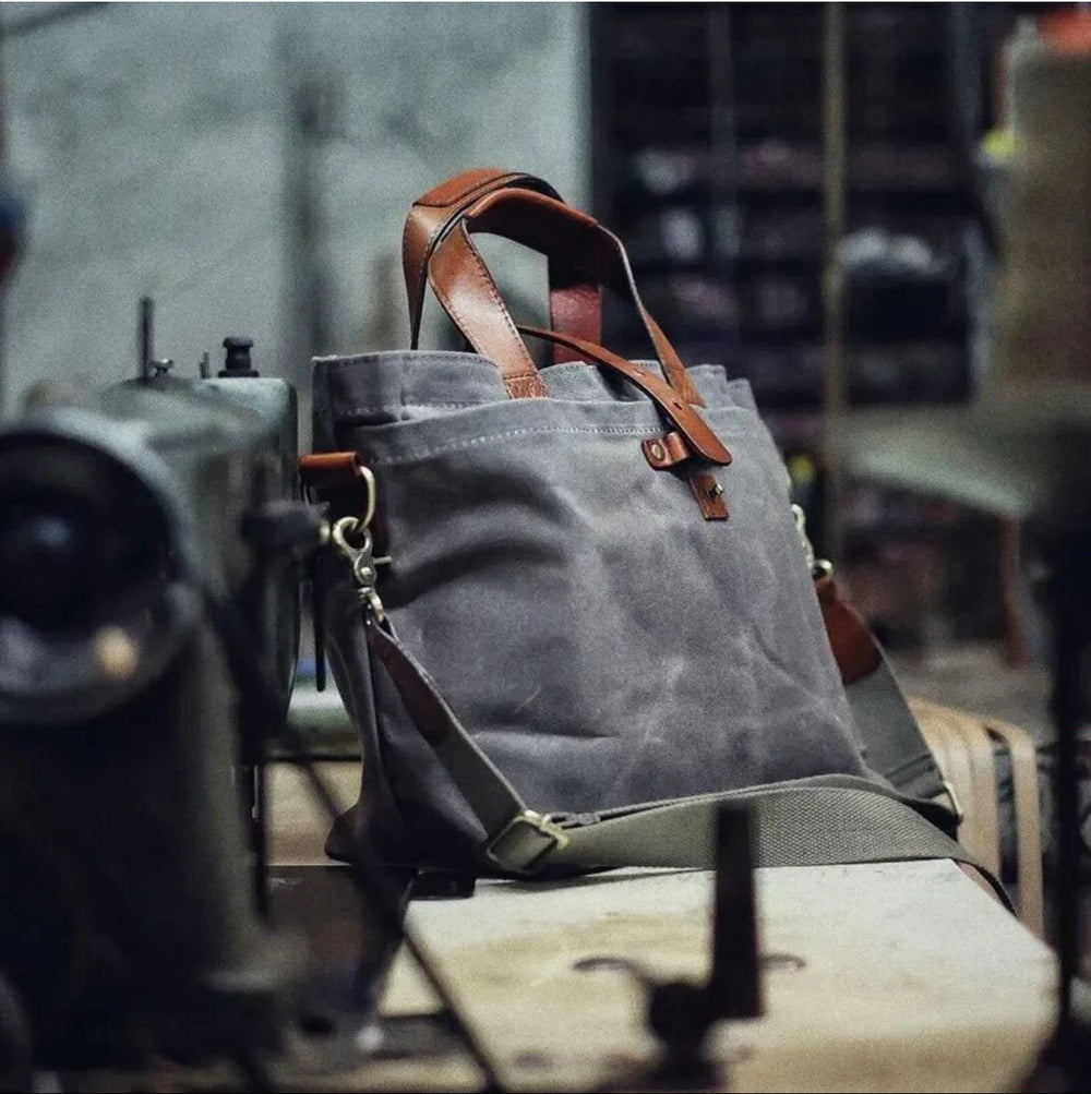 Waxed Canvas Crossbody Tote Bag Leather Trim Shoulder Strap
