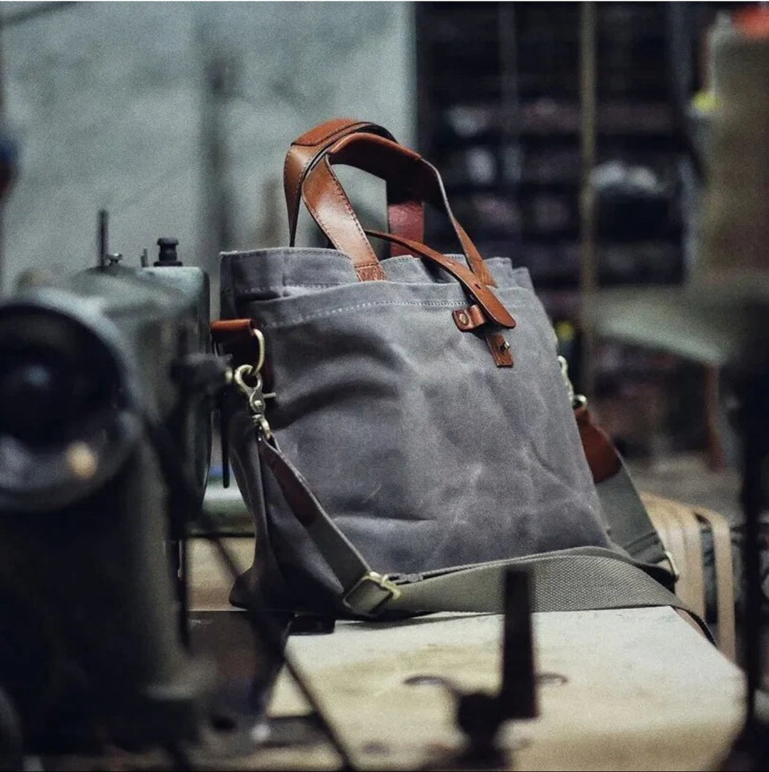 Waxed Canvas Crossbody Tote Bag Leather Trim Shoulder Strap