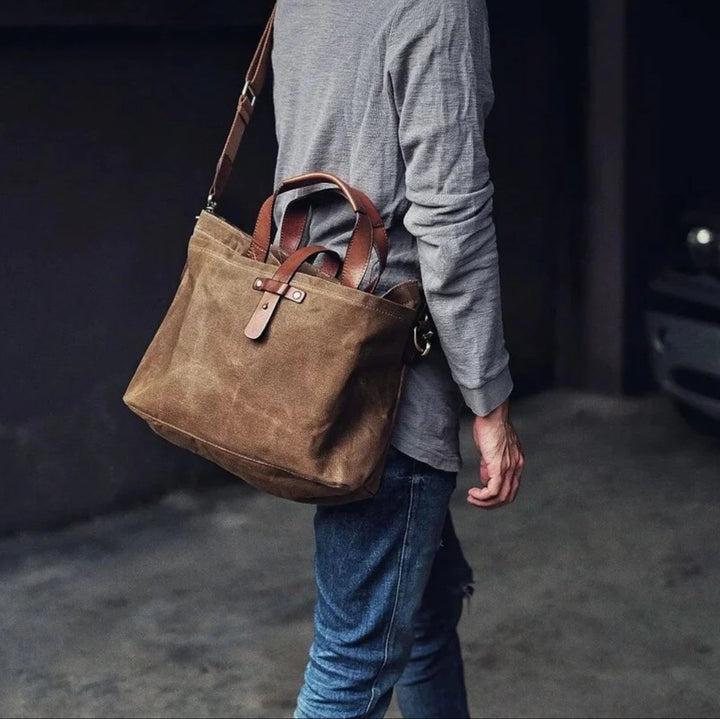Waxed Canvas Crossbody Tote Bag Leather Trim Shoulder Strap