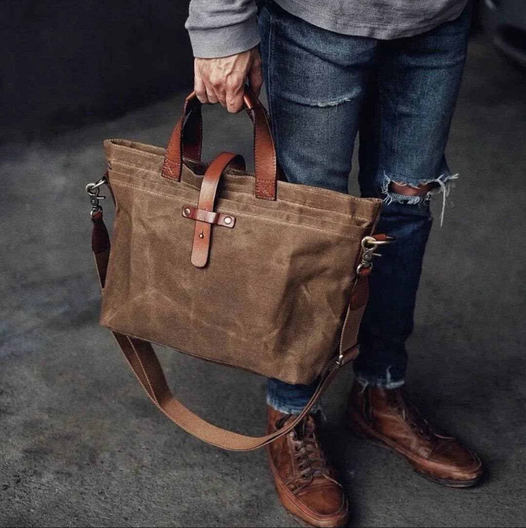 Waxed Canvas Crossbody Tote Bag Leather Trim Shoulder Strap
