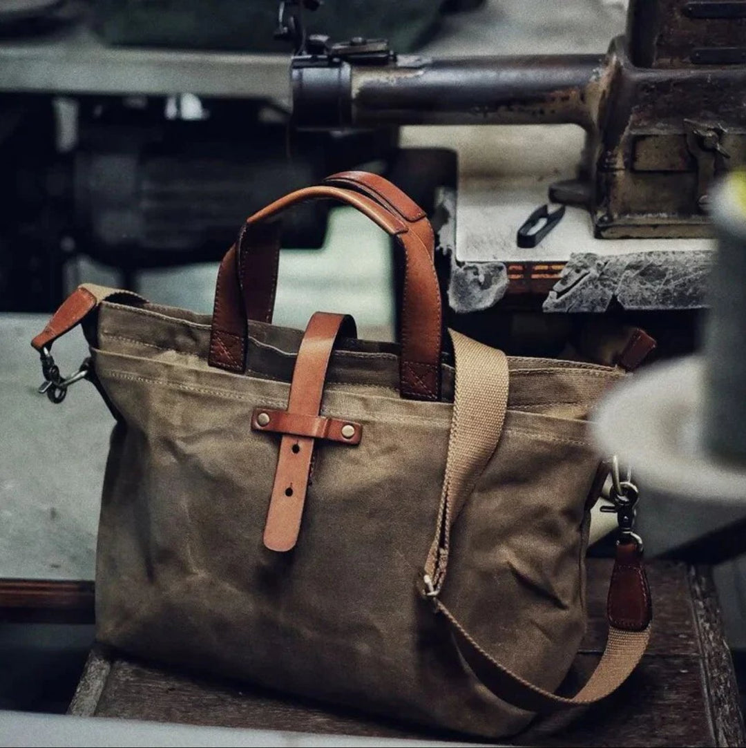 Waxed Canvas Crossbody Tote Bag Leather Trim Shoulder Strap
