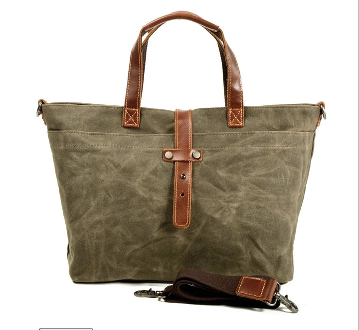 Waxed Canvas Crossbody Tote Bag Leather Trim Shoulder Strap - Sage Wood