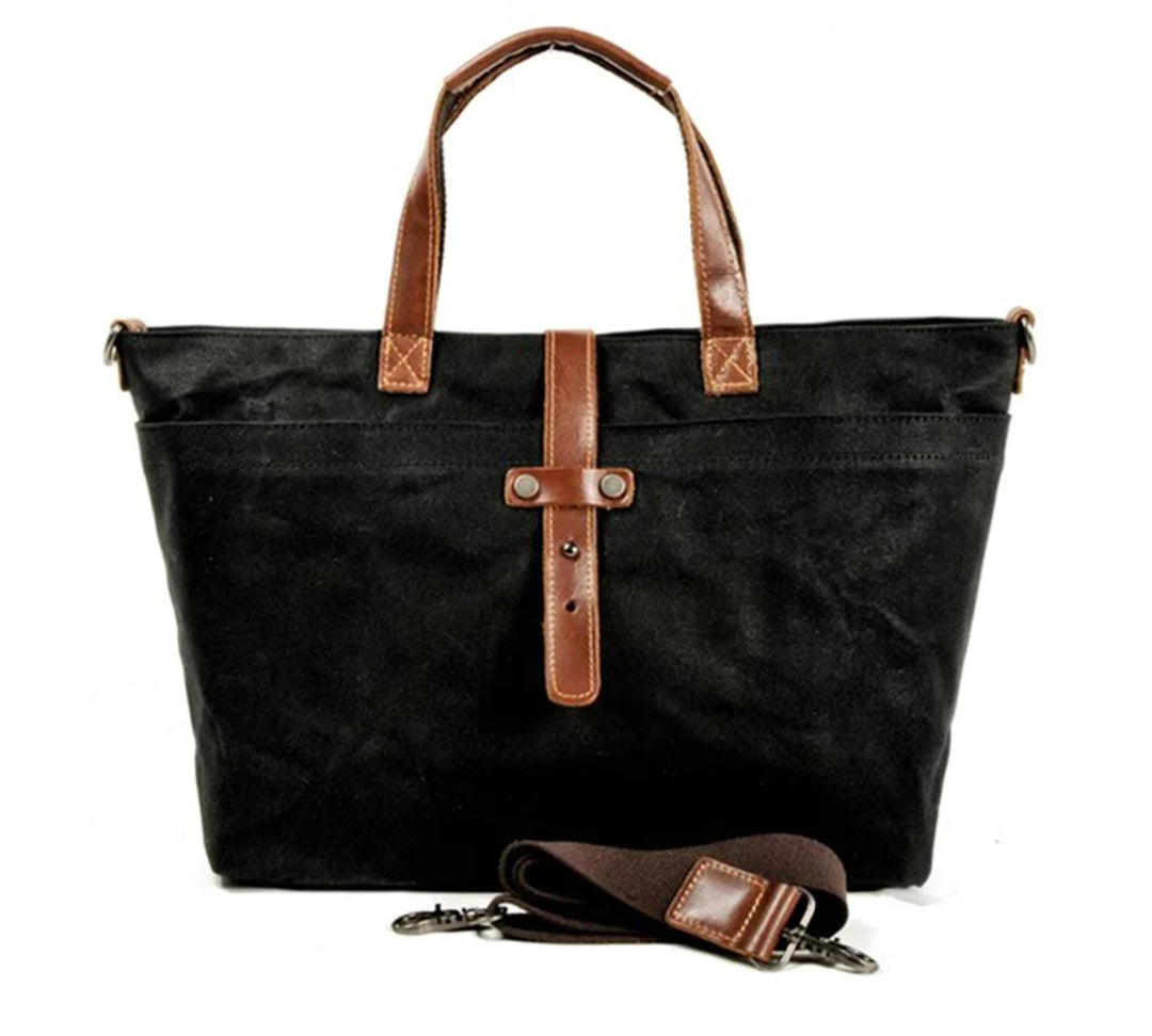 Waxed Canvas Crossbody Tote Bag Leather Trim Shoulder Strap - Coal Mine