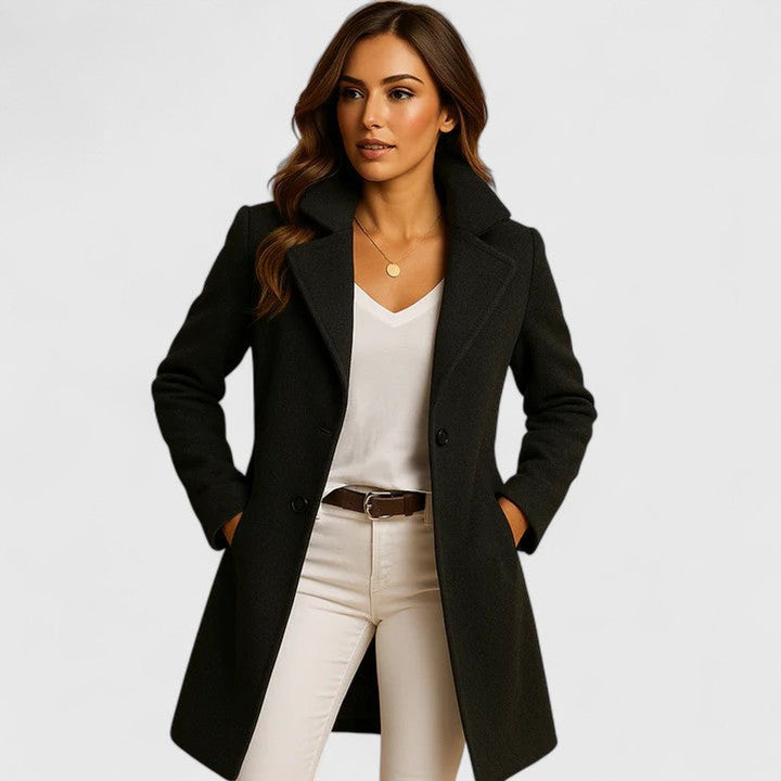 Women Coat Elegant Long Button-Front Notch Lapel Overcoat - Black