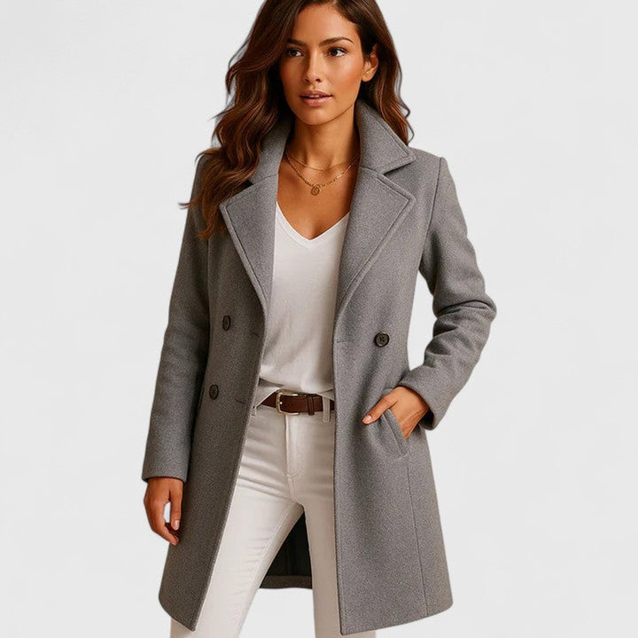 Women Coat Elegant Long Button-Front Notch Lapel Overcoat - Gray
