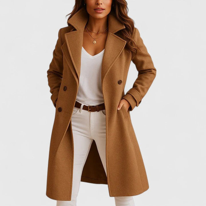 Women Coat Elegant Long Button-Front Notch Lapel Overcoat - Camel