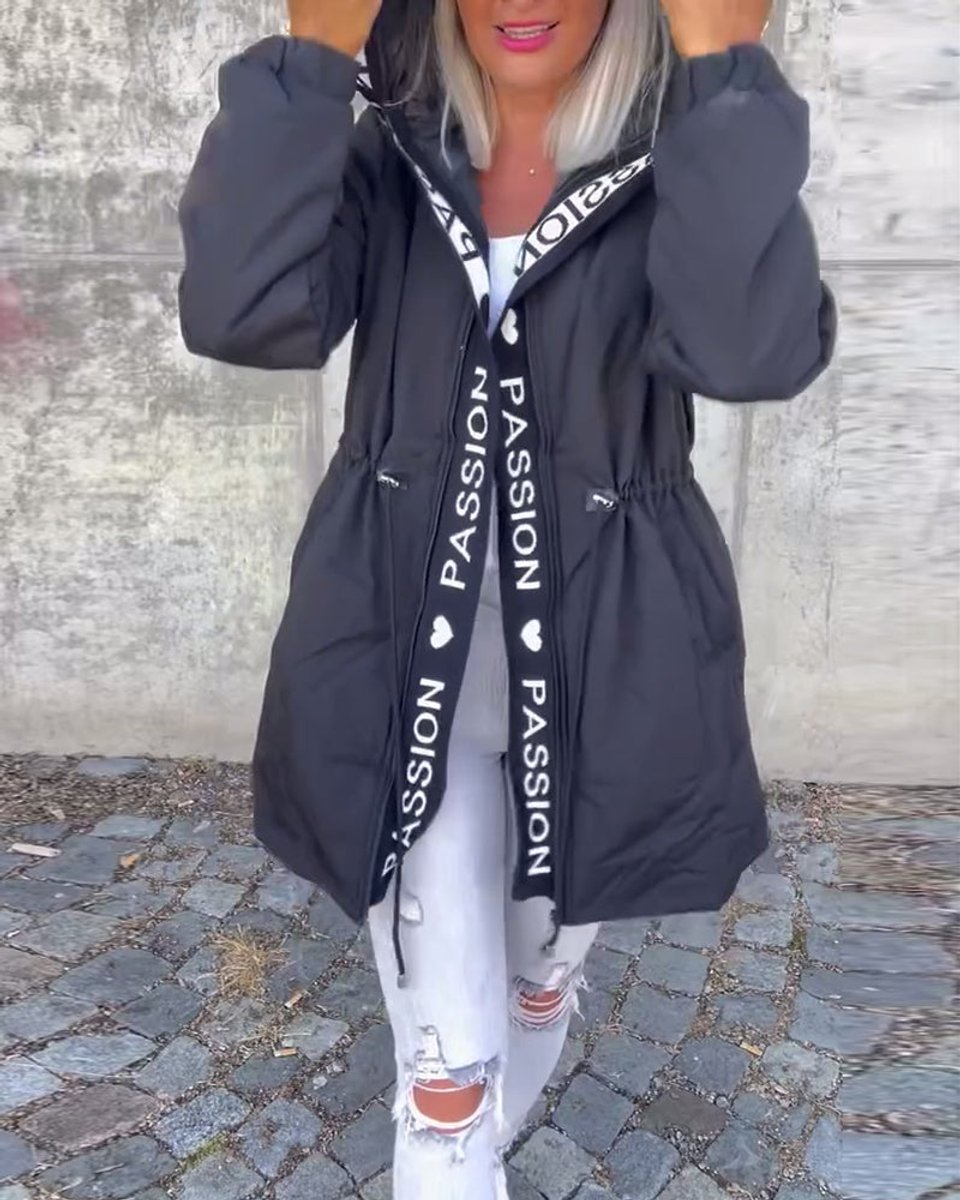 Women Coat Hooded Drawstring Relaxed-Fit Midlength Parka - Black