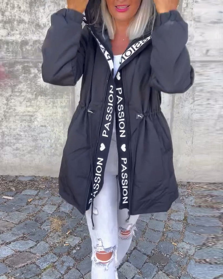 Women Coat Hooded Drawstring Relaxed-Fit Midlength Parka - Black