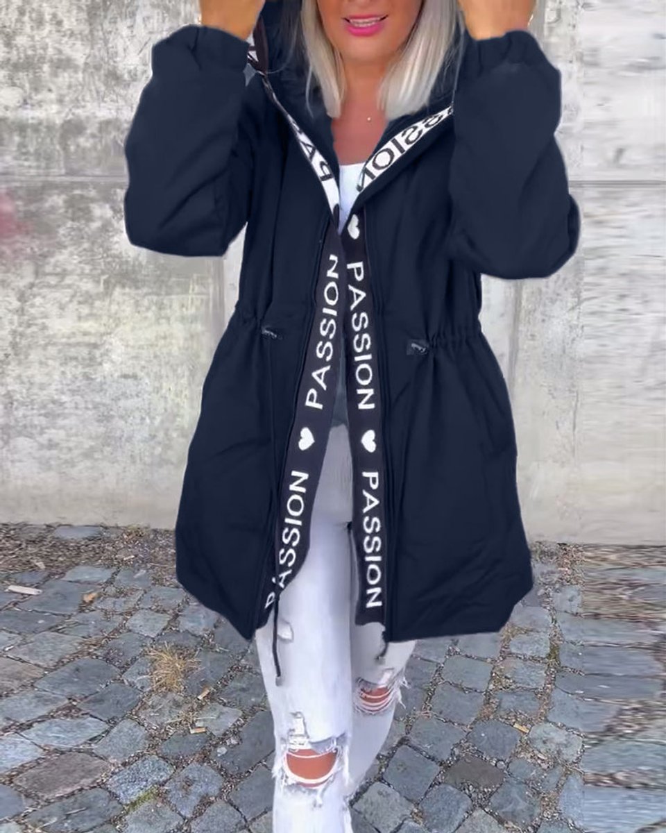 Women Coat Hooded Drawstring Relaxed-Fit Midlength Parka - Navy Blue