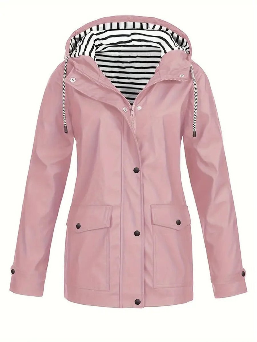 Women Coat Hooded Striped-Lined Zip-Up Polyester Raincoat - Pink